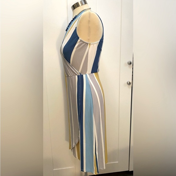 Wrap V Neck Dress Sz Large Stripe Blue Cream & Mustard Yellow NEW! FIRM! - Picture 3 of 5